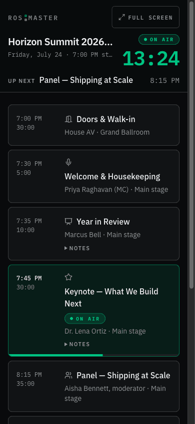 The ROSmaster agenda on a phone: a scrolling list of timed events showing start time, duration, owner and location, with the keynote that is on air ringed in green, and a pinned header holding the show title and 13:24 on the countdown.